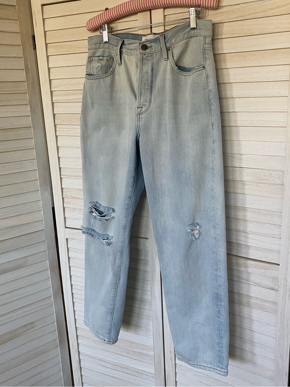 Frame Denim Light Blue Straight Leg Distressed Button Fly Jeans SZ 28 - Picture 5 of 14